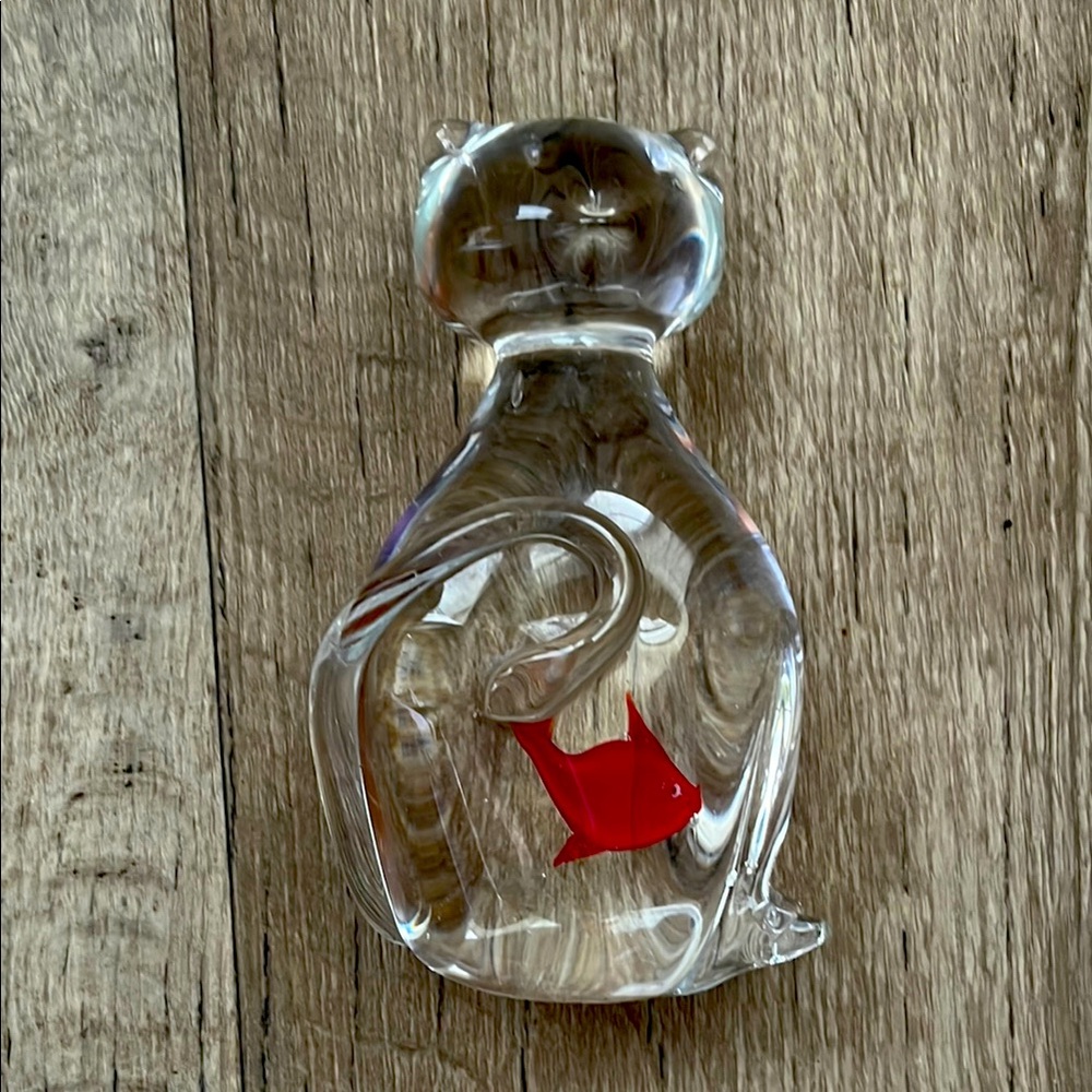 Glass Paper Weight Cat Shaped with Red Fish Inside